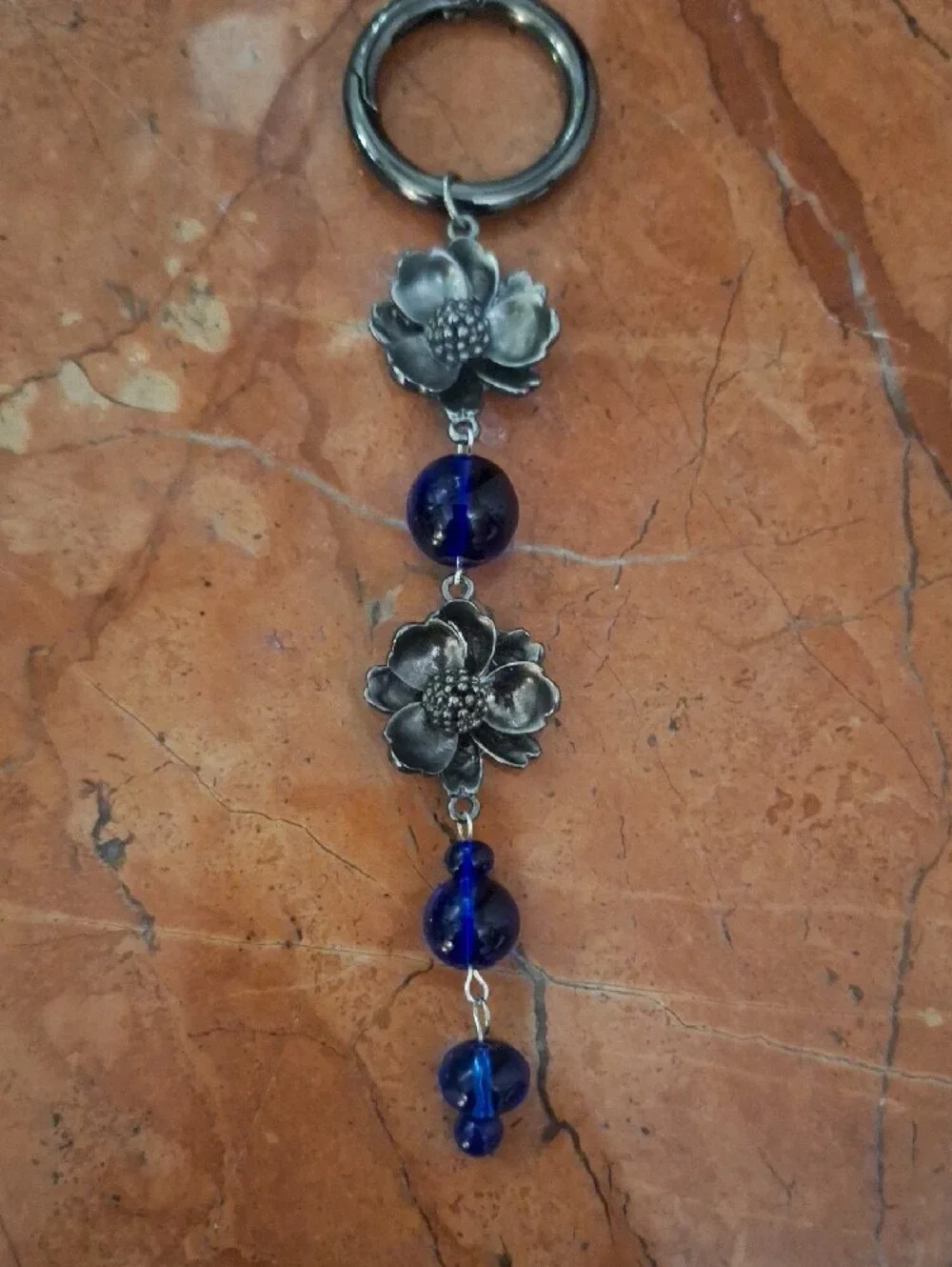 Floral Silver-Tone Keychain Bag Charm with Cobalt Blue Glass Beads